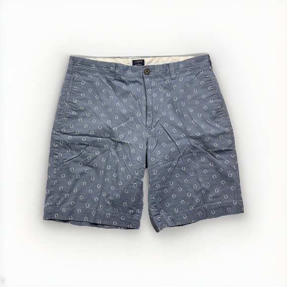 J Crew Gramercy Shorts Mens 33 Horseshoe All Over Print Blue Chino 100% Cotton - Picture 1 of 12